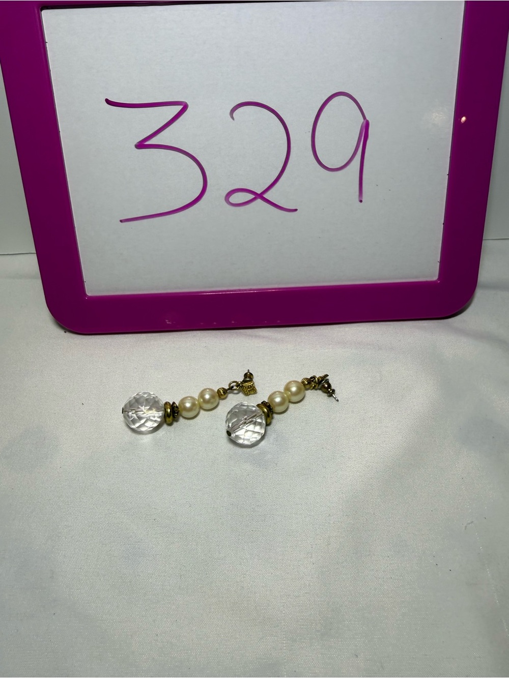 1928 Gold-Tone Pearl and Clear Crystal Drop Earrings